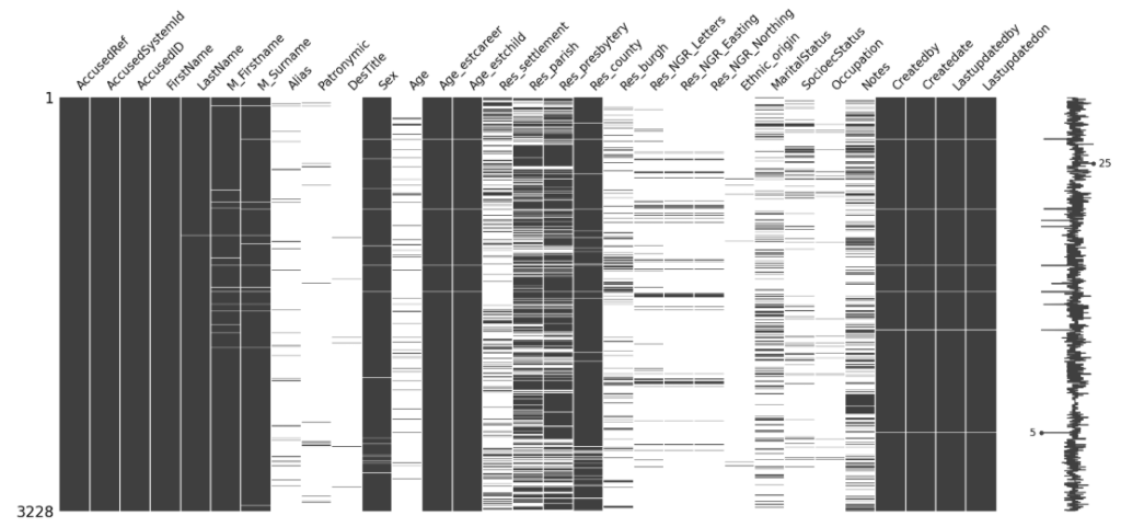 A data visualisation showing the gaps in the WDB_Accused data - there are lots of gaps in the ethnic origin, occupation and location fields. The age and the sex have more data.